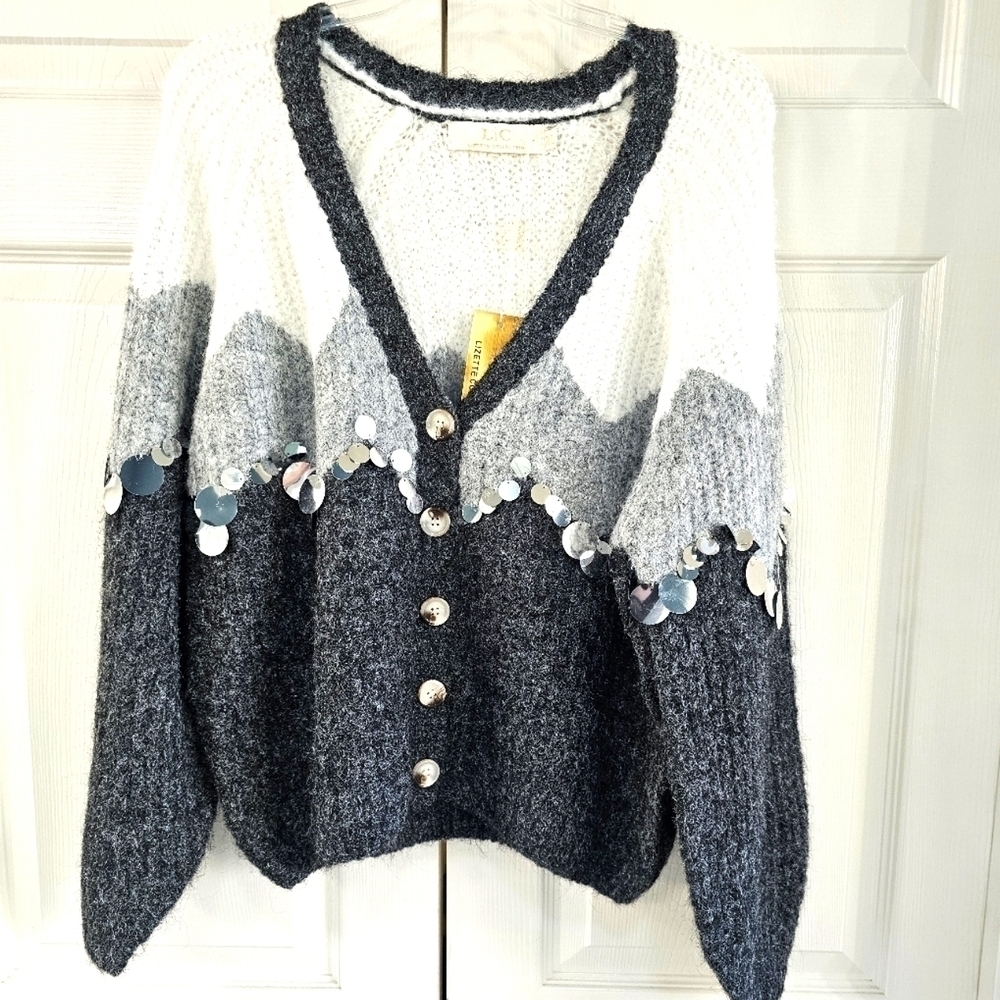 New L/C Lizette Collection Fuzzy Cardigan V-Neck Metallic Silver Discs XL GRAY